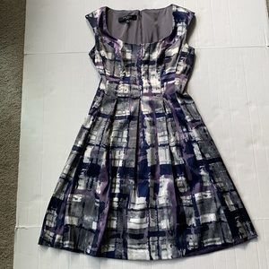 Nine West purple grey blue watercolor geometric fit & flare dress size 2